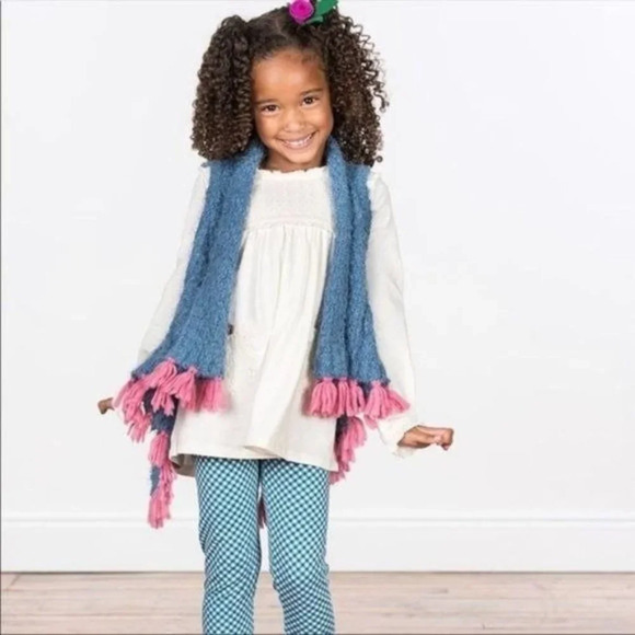 Matilda Jane Blue Knit Mirror Image Cardigan Vest Girls 10 Pink Fringe Fuzzy - Picture 2 of 8